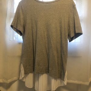 Grey white striped hi low t shirt with ruffled hem